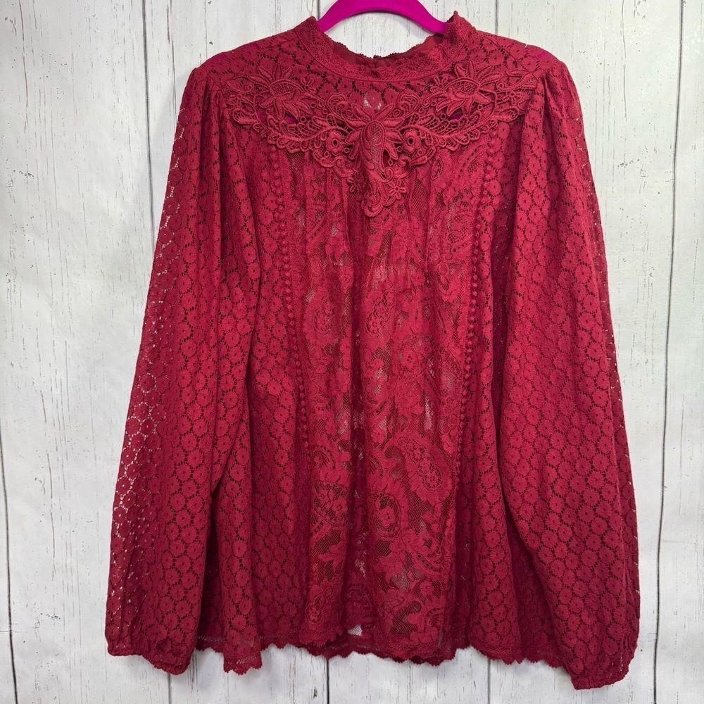 Torrid Red Mixed Lace High Neck Blouse Size 3X Victorian Romantic Cottagecore